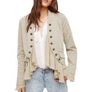 Women’s Beige Casual Ruffle Steampunk Blazer High Low Hem Cotton Jacket